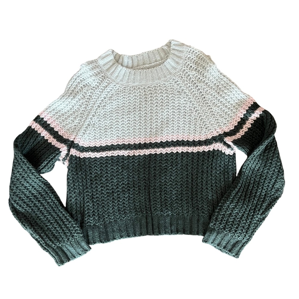 American Eagle Women L Colorblock Chunky Knit Wool Blend Sweater Grey Green Pink